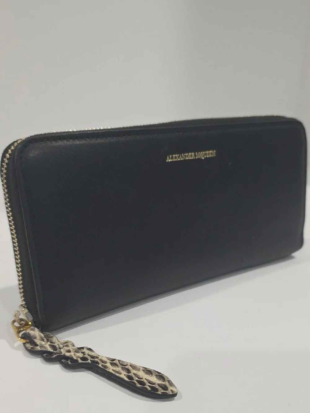 ✅ Alexander McQueen Black + Rock Continental Wallet with Snake-textured Pull